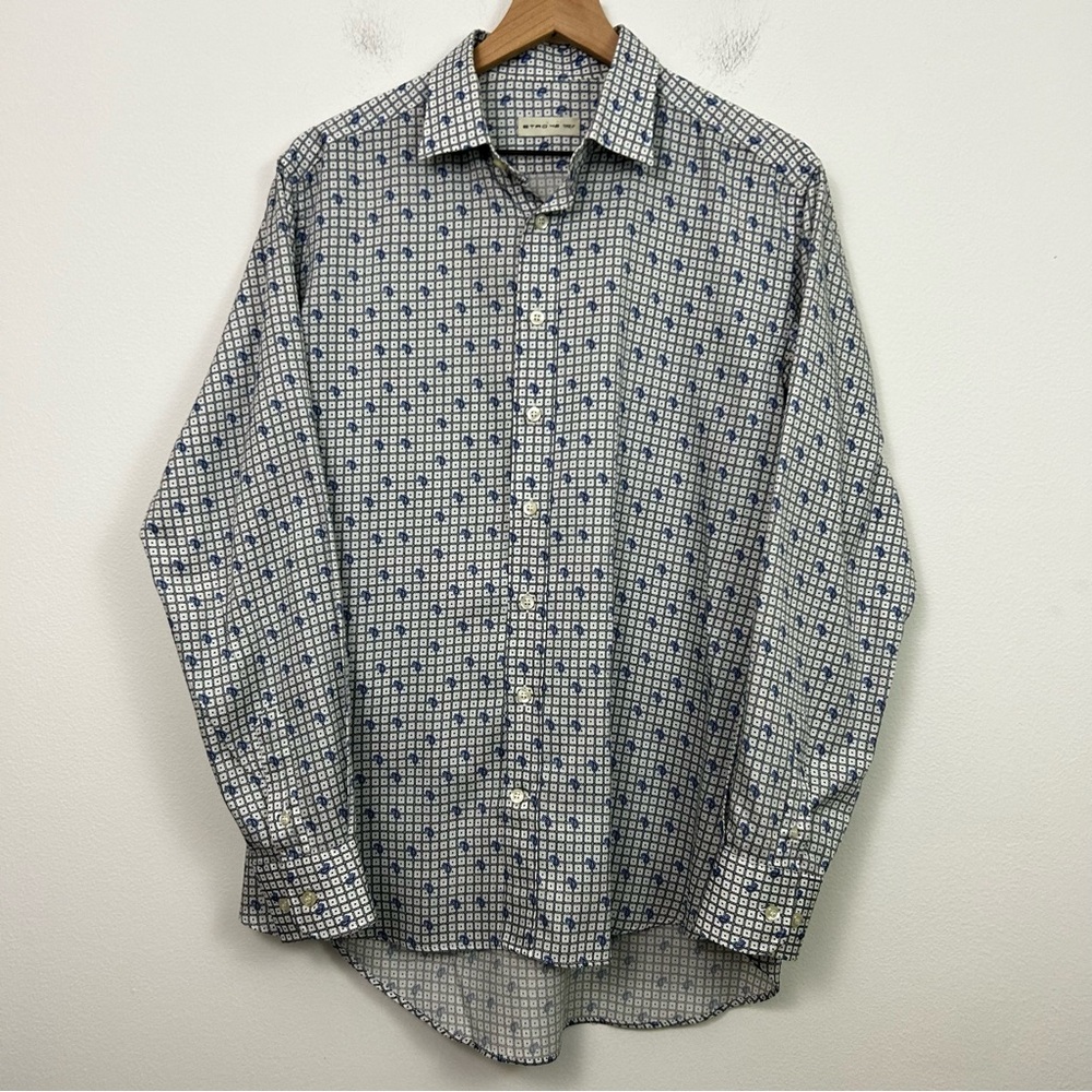 Etro Mens Shirt 42 Paisley Print Long Sleeve Blue Button Front Cotton